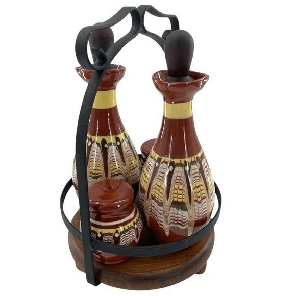 Bohemian Oil & Vingar Caddy w/Salt & Pepper Shakers with Drip Glaze NWOT - Picture 3 of 12